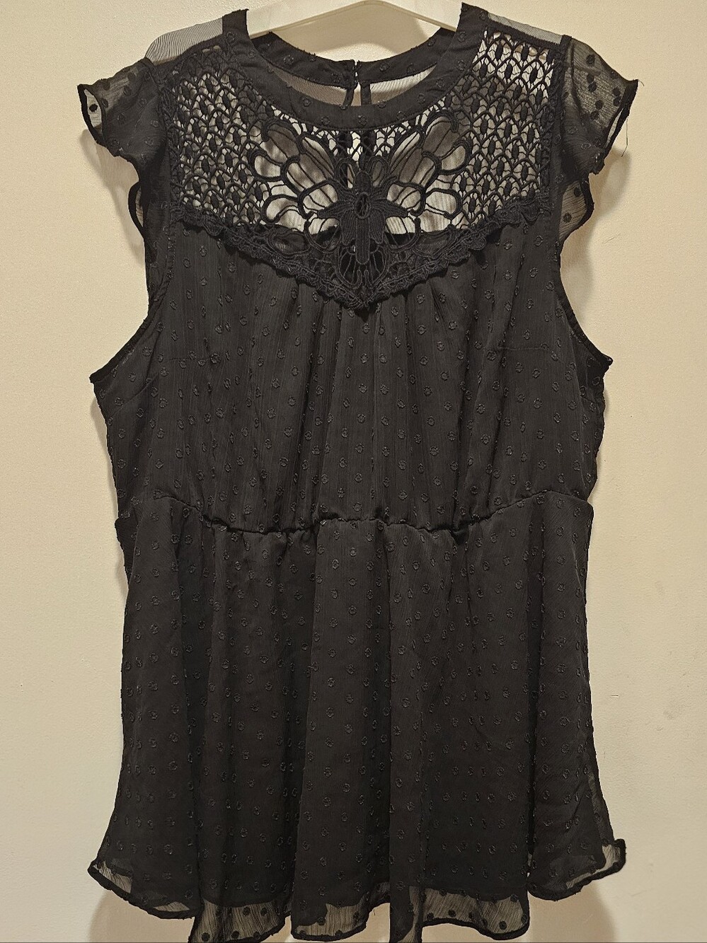 Torrid 2X Black Swiss Dot Crochet Lace Peplum Blouse Sheer